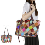 Royal Bagger Genuine Leather Tote Bag for Women, Large Capacity Color Stitching Plaid Shoulder Bags, Vintage Style 1893