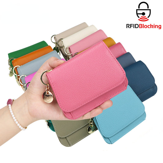 Royal Bagger RFID Short Wallets for Women Genuine Cow Leather Fashion Card Holder with Key Ring Holders Clutch Slim Coin Purse